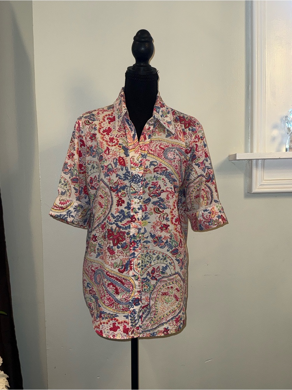 Ralph Lauren White Multicolor Paisley Short Sleeve Button-Down Shirt